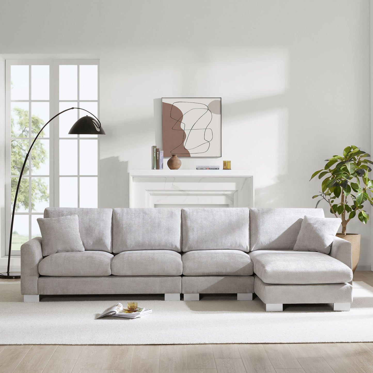 [VIDEO provided] [New] 119*55" Modern Oversized Sectional Sofa,L-shaped Luxury Couch Set with 2 Free pillows,5-seat Chenille Indoor Furniture with Chaise for Living Room,Apartment,Office,2 Colors