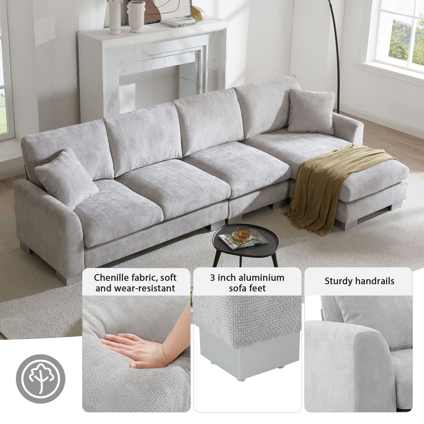 [VIDEO provided] [New] 119*55" Modern Oversized Sectional Sofa,L-shaped Luxury Couch Set with 2 Free pillows,5-seat Chenille Indoor Furniture with Chaise for Living Room,Apartment,Office,2 Colors