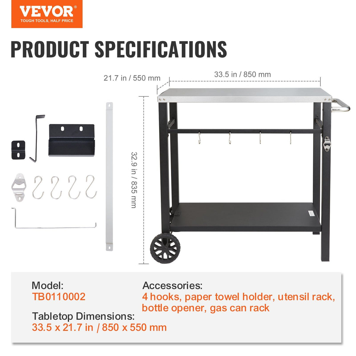VEVOR Outdoor Grill Dining Cart with Double-Shelf, BBQ Movable Food Prep Table, Multifunctional Stainless Steel Table Top, Portable Modular Carts for Pizza Oven, Worktable with 2 Wheels, Carry Handle