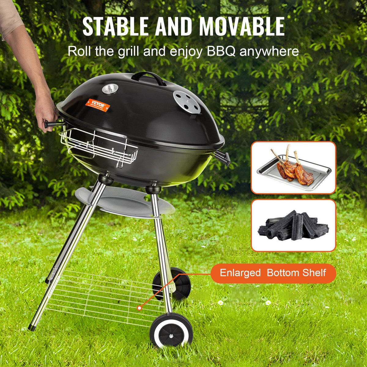 VEVOR 22 inch Kettle Charcoal Grill, Premium Kettle Grill with Wheels and Cover, Porcelain-Enameled Lid and Ash Catcher & Thermometer for BBQ, Round Barbecue Grill Outdoor Cooking, Patio and Backyard