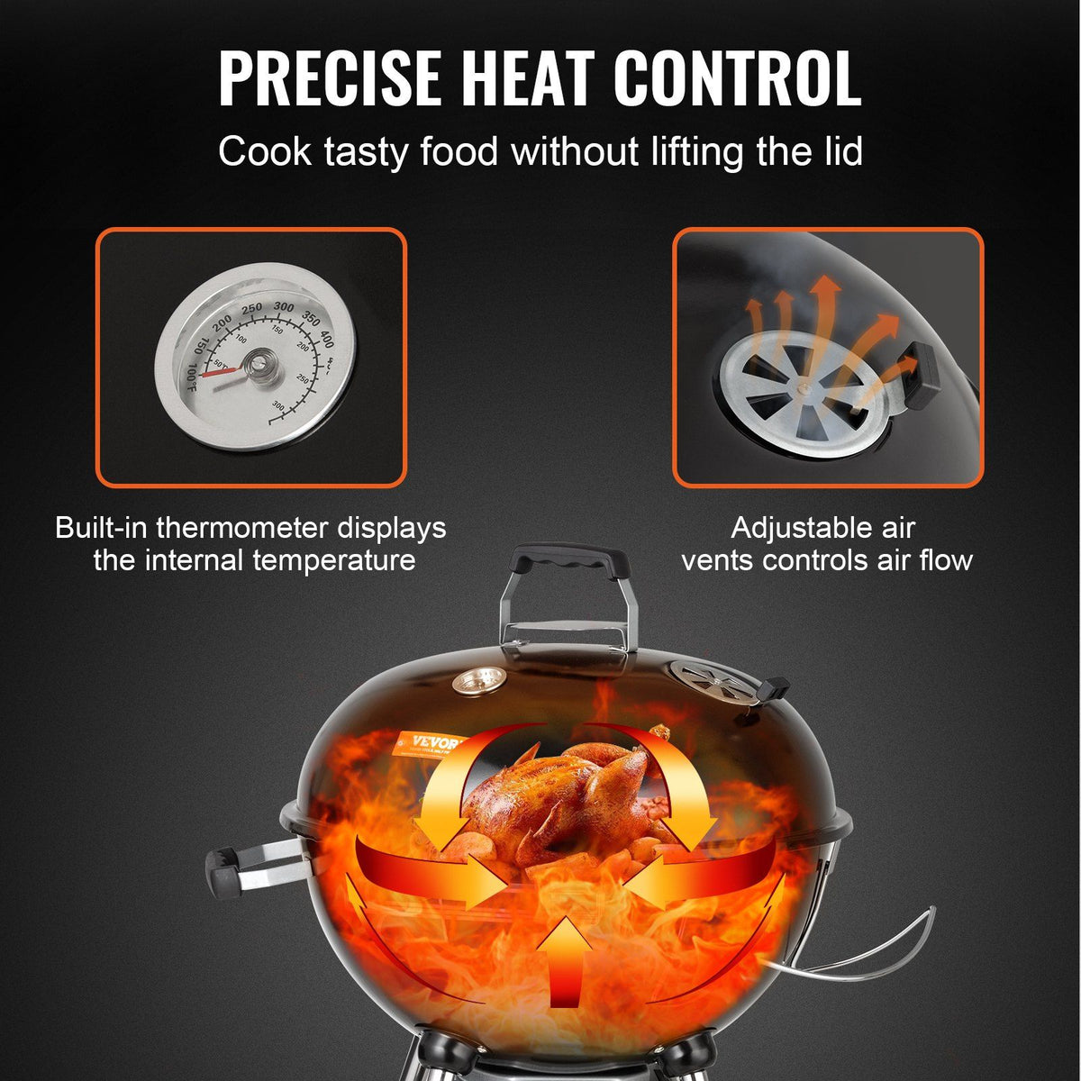 VEVOR 22" Kettle Charcoal Grill, Premium Kettle Grill with Wheels Grate and Cover, Porcelain-Enameled Lid and Firebowl with Slide Out Ash Catcher Thermometer for BBQ, Picnic, Patio and Backyard