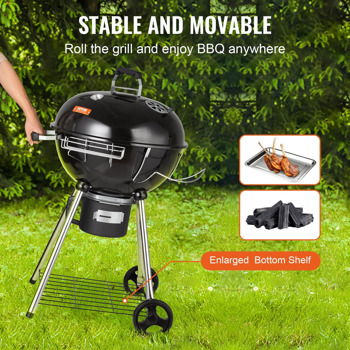 VEVOR 22" Kettle Charcoal Grill, Premium Kettle Grill with Wheels Grate and Cover, Porcelain-Enameled Lid and Firebowl with Slide Out Ash Catcher Thermometer for BBQ, Picnic, Patio and Backyard