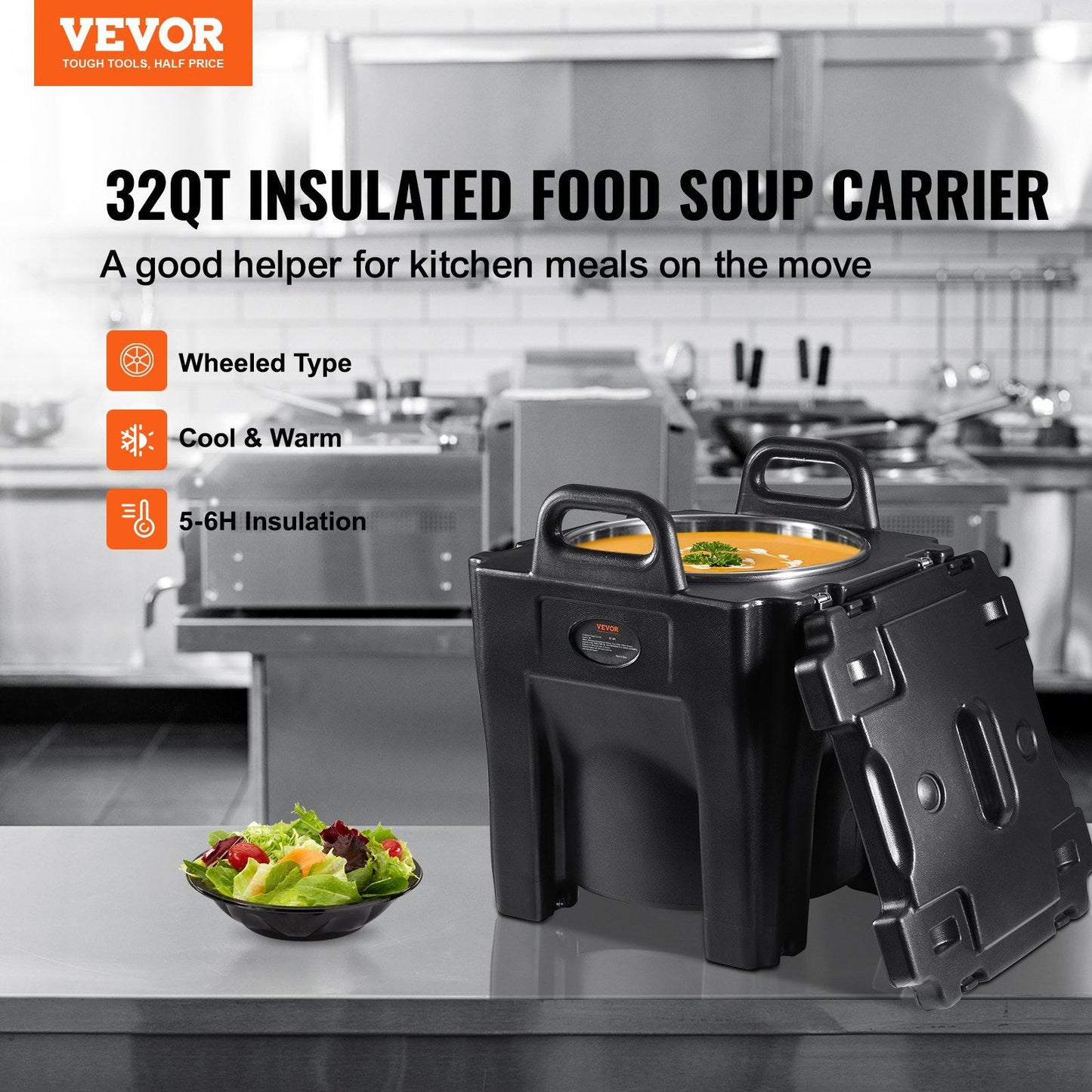 VEVOR Insulated Food Carrier, 32Qt Capacity, Stackable Catering Hot Box w/Stainless Steel Barrel, Top Load LLDPE Food Warmer w/Integral Handles Buckles Stationary , for Restaurant Canteen, Black