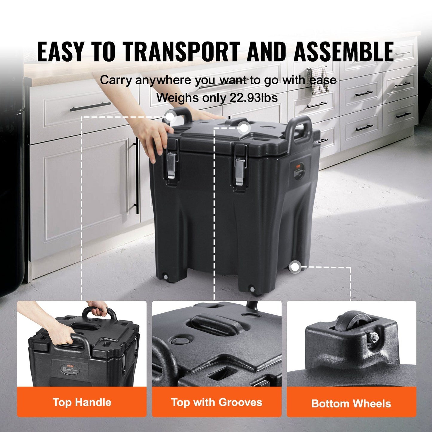 VEVOR Insulated Food Carrier, 32Qt Capacity, Stackable Catering Hot Box w/Stainless Steel Barrel, Top Load LLDPE Food Warmer w/Integral Handles Buckles Stationary , for Restaurant Canteen, Black