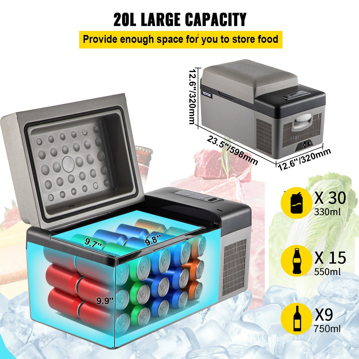VEVOR Portable Refrigerator 21 Quart(20 Liter),12 Volt Refrigerator App Control(-4°F~68°F), Car Refrigerator Electric Compressor Cooler with 12/24v DC & 110-240v AC for Camping, Travel or Home Use