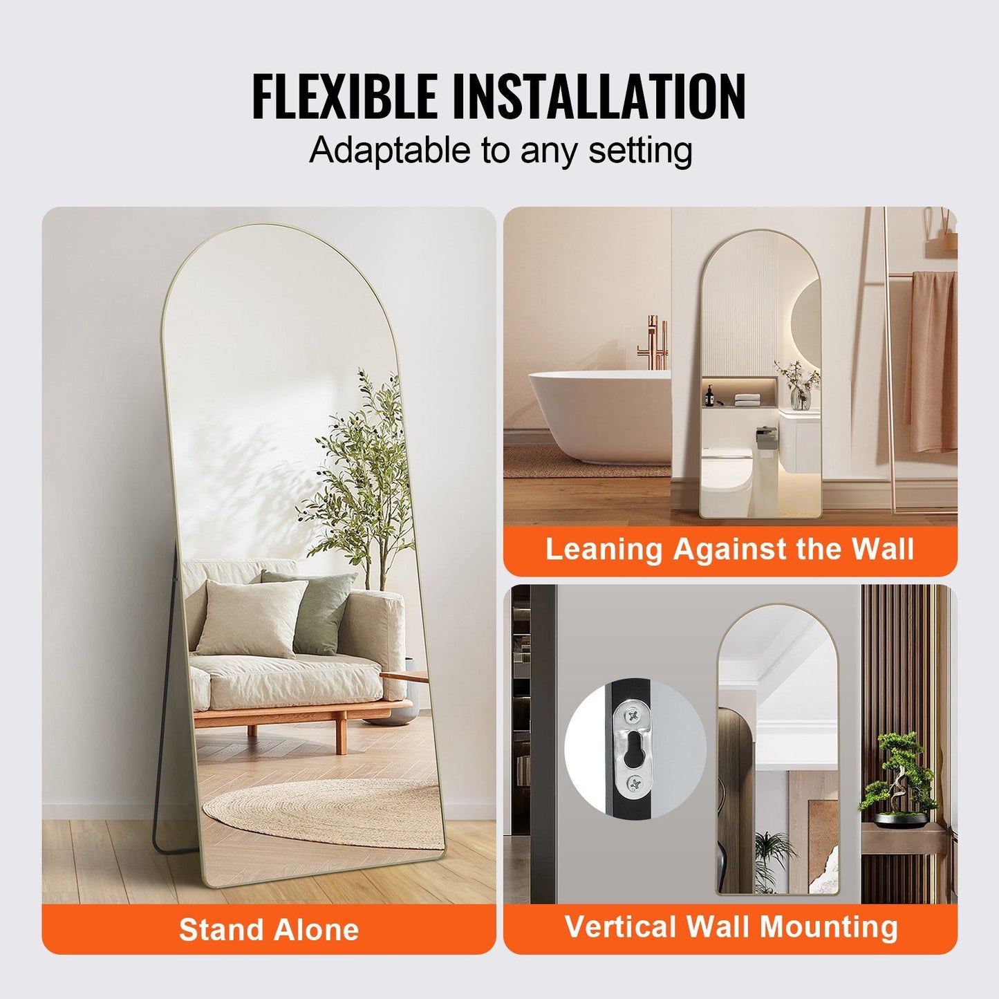 VEVOR Arched Full Length Mirror, 71'' x 30'', Large Free Standing Leaning Hanging Wall Mounted Floor Mirror with Stand Aluminum Alloy Frame, Full Body Dressing Mirror for Living Room Bedroom, Black