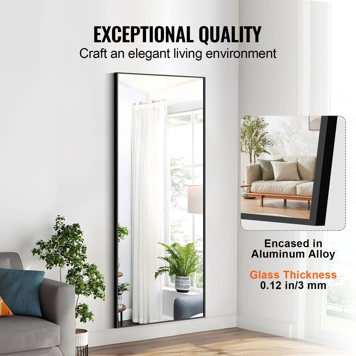 VEVOR Full Length Mirror, 71'' x 31'', Extra Large Standing Hanging or Leaning Rectangle Floor Mirror with Tempered Glass Aluminum Alloy Frame, Full Body Dressing Mirror for Living Room Bedroom, Black