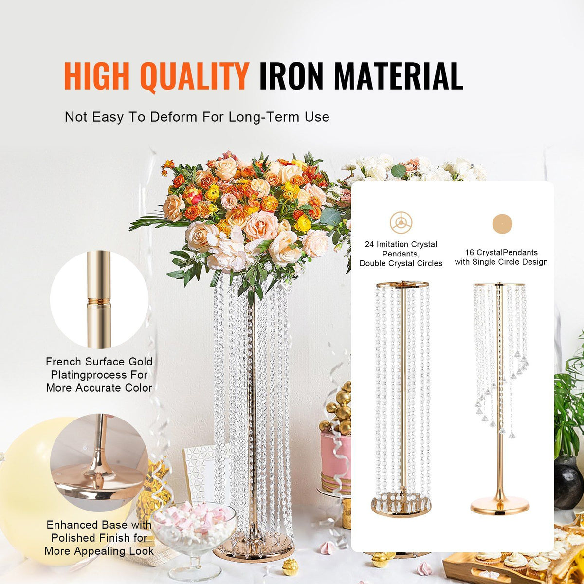 VEVOR 4PCS 35.43inch Tall Crystal Wedding Flowers Stand, Luxurious Centerpieces Flower Vases Crystal Gold Vase Metal, Perfect for T-stage Wedding Party Ceremony Dinner Event Hotel Home Decor