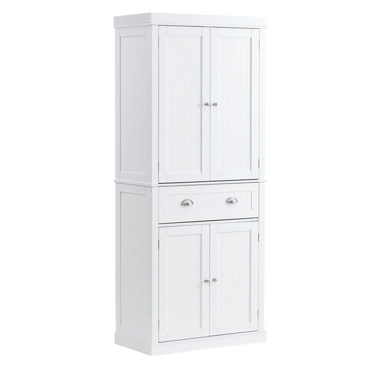 VEVOR 72" Kitchen Pantry Storage Cabinet, Freestanding Utility Cabinets with Doors, Drawer and 3 Adjustable Shelves, Tall Food Buffet Pantries for Kitchen, Living Room, Dinning Room, Laundry, White