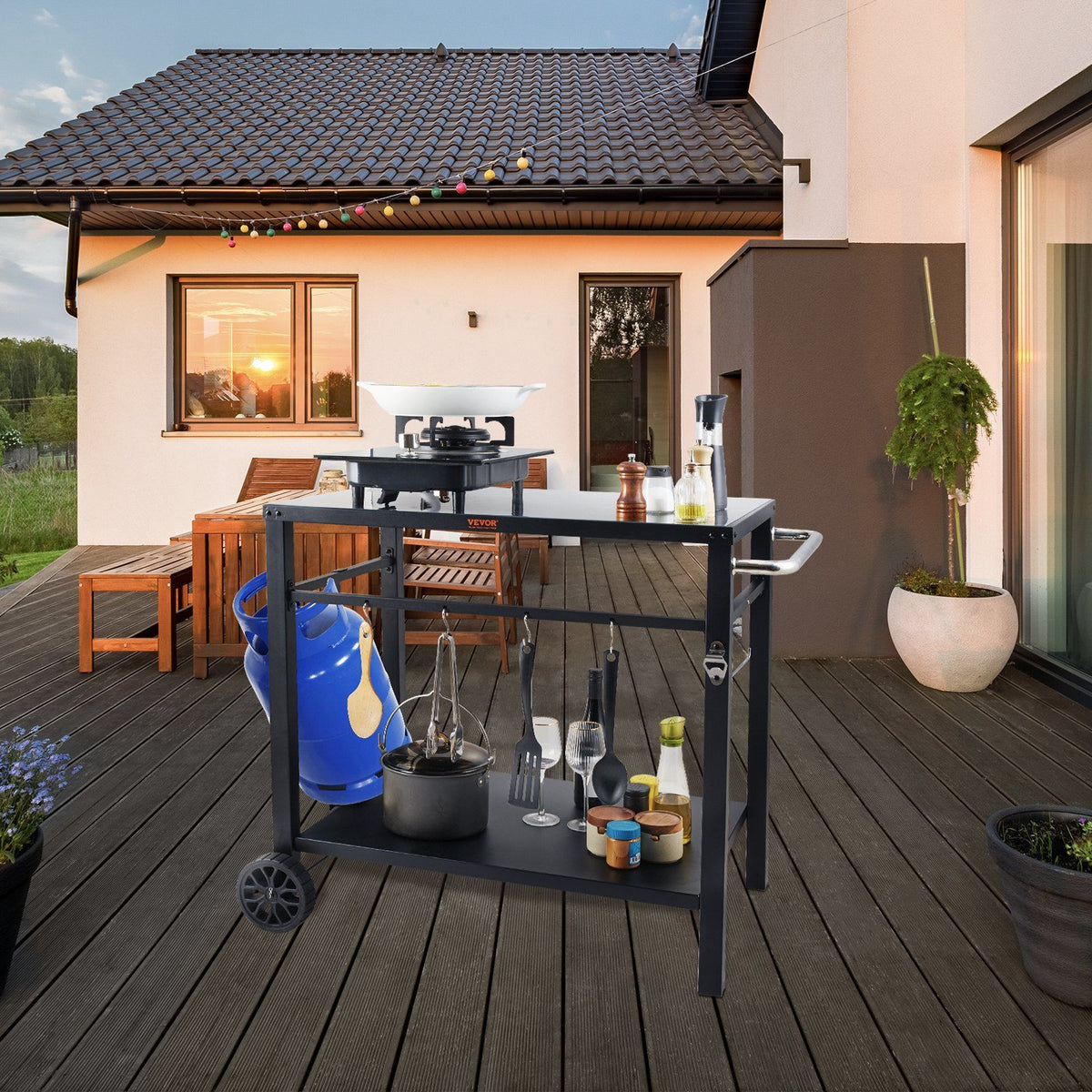 VEVOR Outdoor Grill Dining Cart with Double-Shelf, BBQ Movable Food Prep Table, Multifunctional Iron Table Top, Portable Modular Carts for Pizza Oven, Worktable with 2 Wheels, Carry Handle, Black