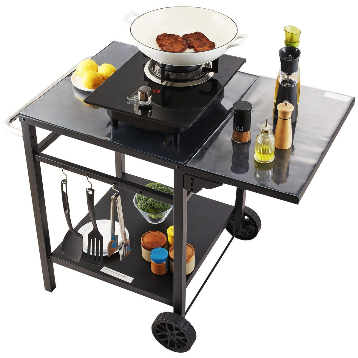 VEVOR Outdoor Grill Dining Cart with Double-Shelf, BBQ Movable Food Prep Table, Multifunctional Foldable Iron Table Top, Portable Modular Carts for Pizza Oven, Worktable with 2 Wheels, Carry Handle