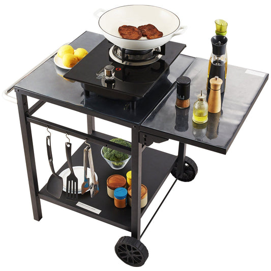 VEVOR Outdoor Grill Dining Cart with Double-Shelf, BBQ Movable Food Prep Table, Multifunctional Foldable Iron Table Top, Portable Modular Carts for Pizza Oven, Worktable with 2 Wheels, Carry Handle