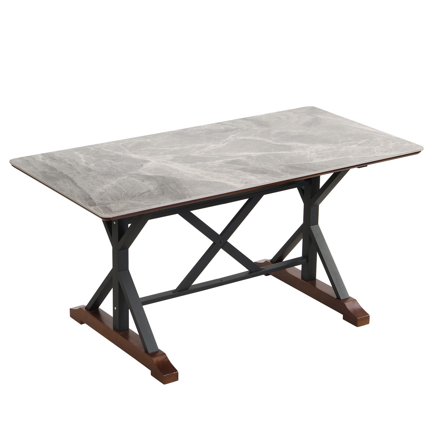 Sintered Stone Dining Table, 63" Modern Gray Rectangular Kitchen Dinner Table, Faux Marble Dining Room Table with X-shaped Metal Legs and Solid Wood Base, Scratch and Heat Resistant, Table Only