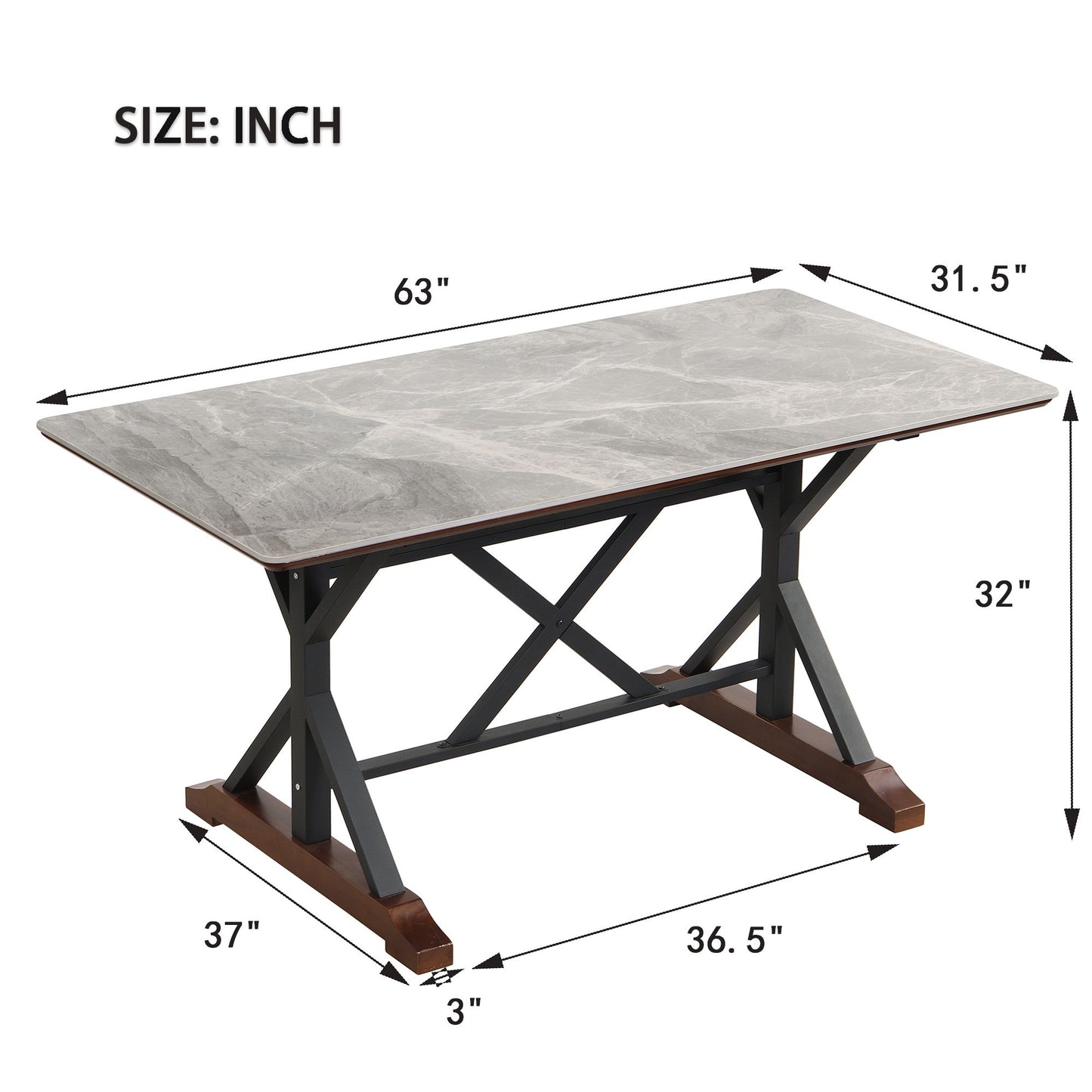 Sintered Stone Dining Table, 63" Modern Gray Rectangular Kitchen Dinner Table, Faux Marble Dining Room Table with X-shaped Metal Legs and Solid Wood Base, Scratch and Heat Resistant, Table Only