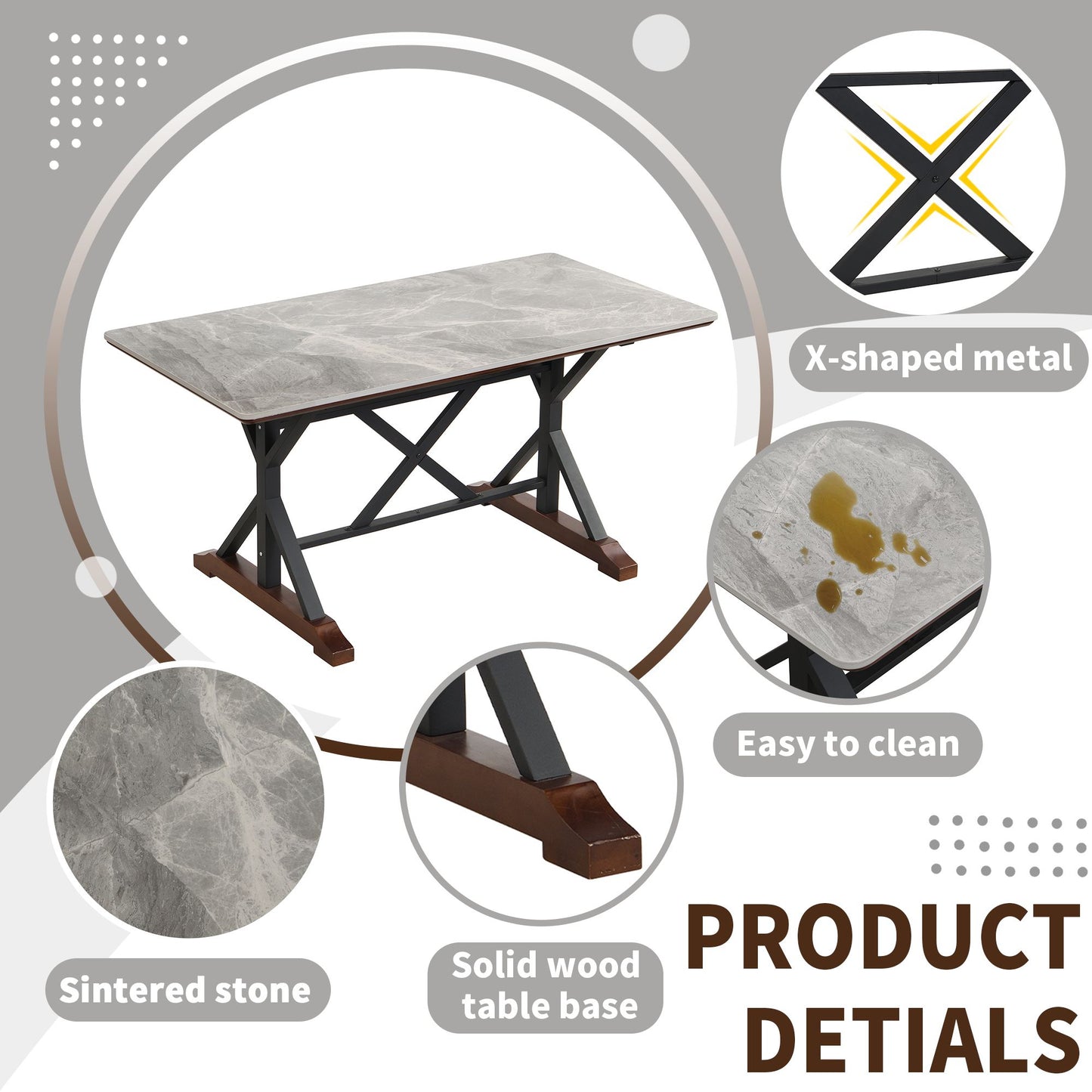 Sintered Stone Dining Table, 63" Modern Gray Rectangular Kitchen Dinner Table, Faux Marble Dining Room Table with X-shaped Metal Legs and Solid Wood Base, Scratch and Heat Resistant, Table Only