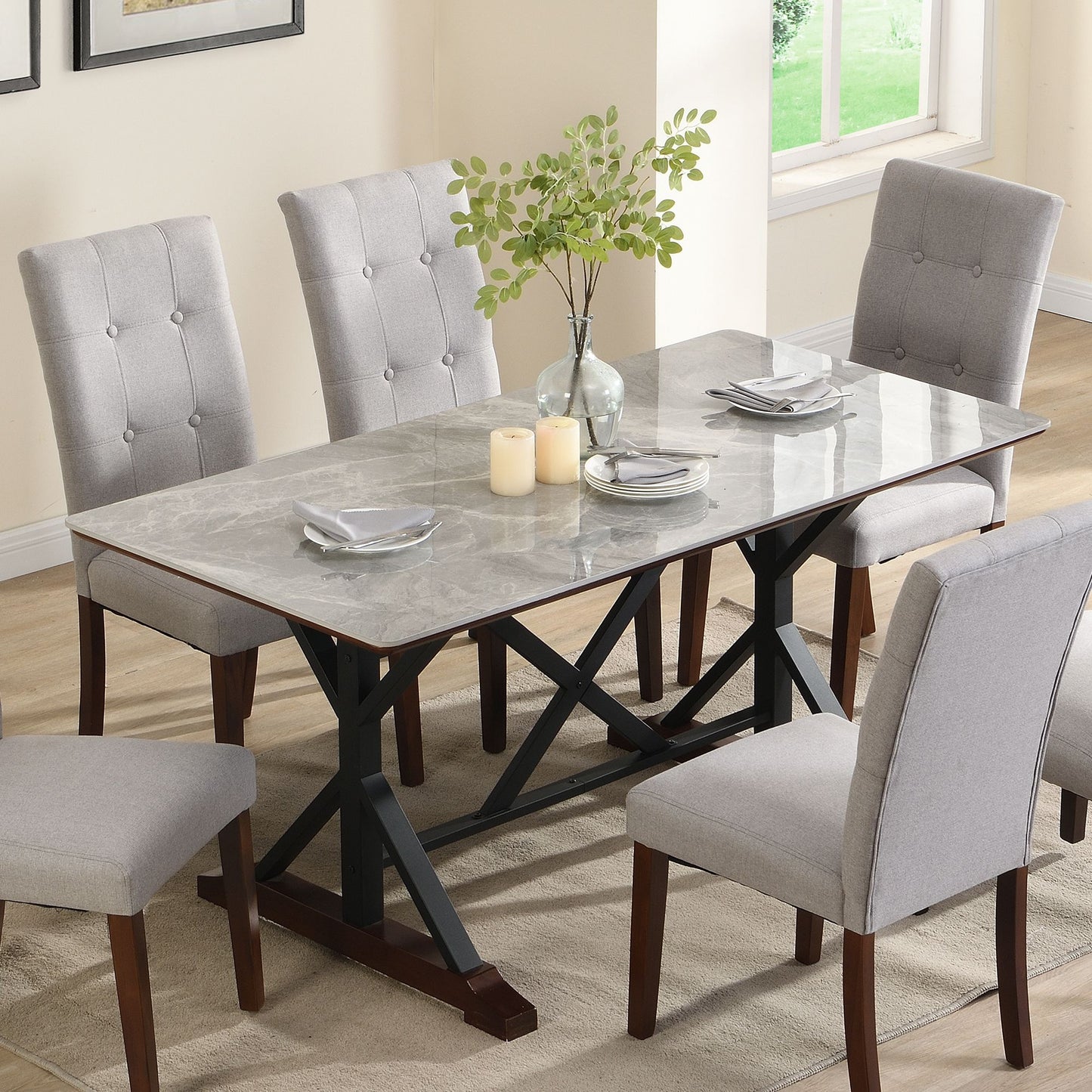 Sintered Stone Dining Table, 63" Modern Gray Rectangular Kitchen Dinner Table, Faux Marble Dining Room Table with X-shaped Metal Legs and Solid Wood Base, Scratch and Heat Resistant, Table Only