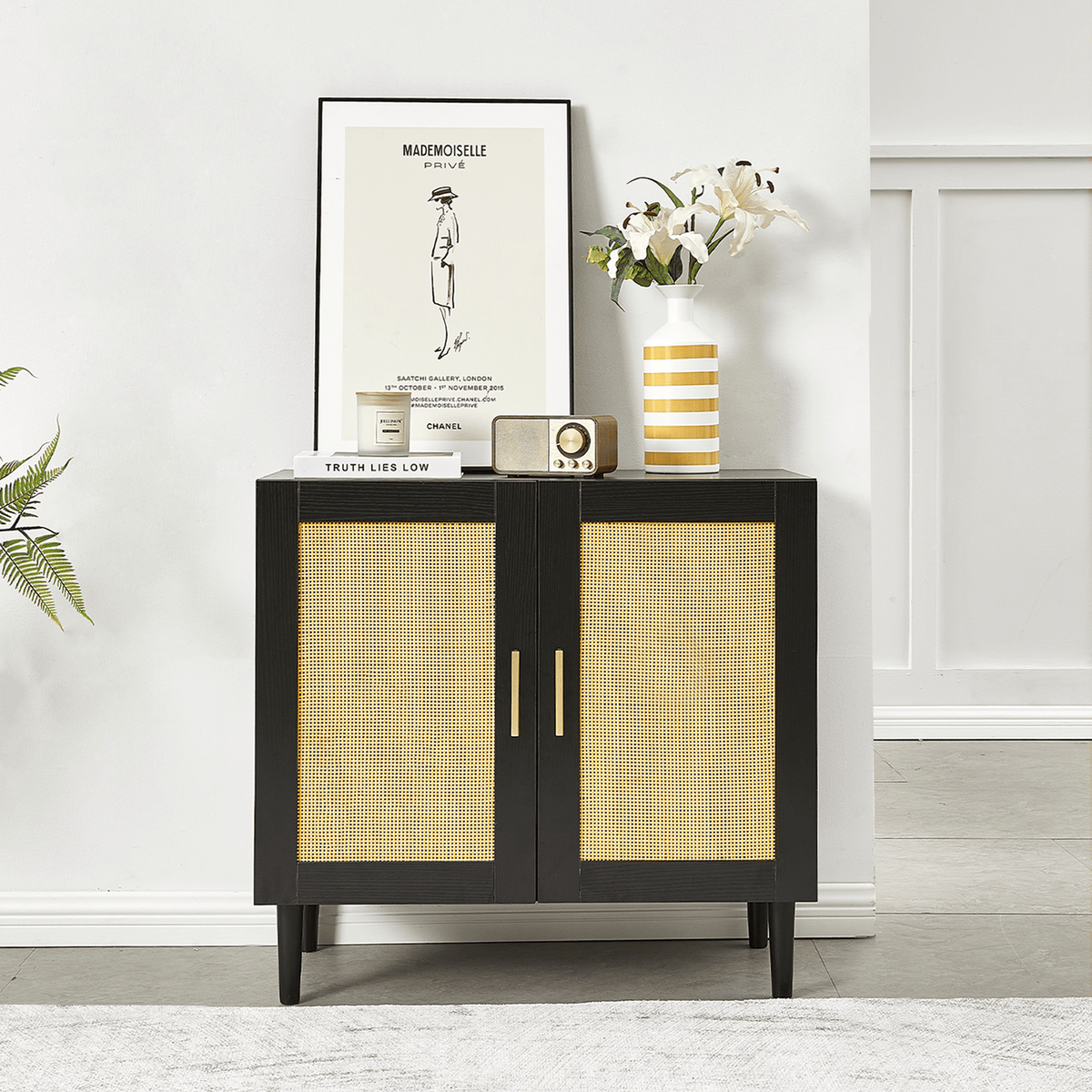 Side panel buffet cabinet with natural rattan door, rattan storage cabinet with adjustable shelves, side panel and buffet with storage space, modern console cabinet in bedroom and living room
