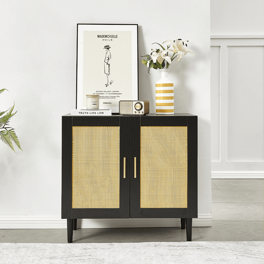 Side panel buffet cabinet with natural rattan door, rattan storage cabinet with adjustable shelves, side panel and buffet with storage space, modern console cabinet in bedroom and living room