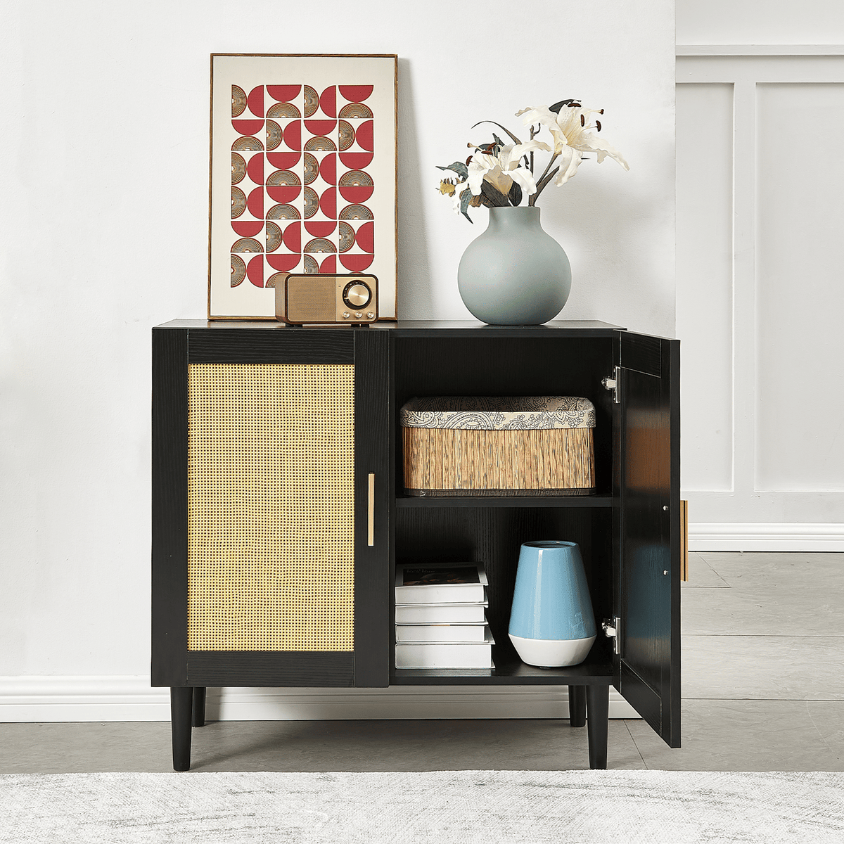 Side panel buffet cabinet with natural rattan door, rattan storage cabinet with adjustable shelves, side panel and buffet with storage space, modern console cabinet in bedroom and living room