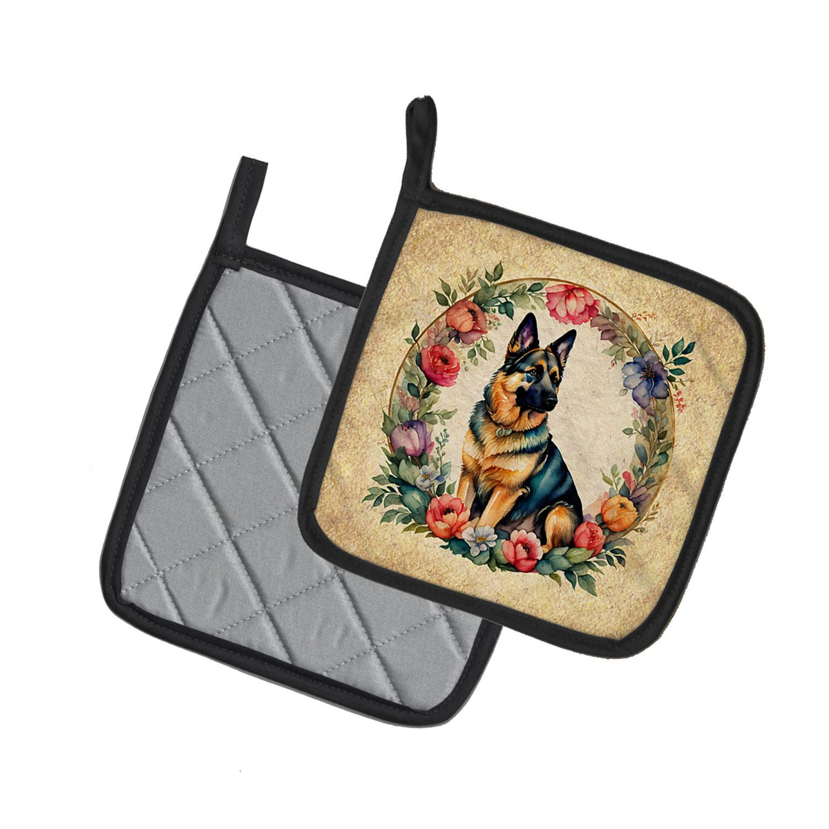 German Shepherd and Flowers Pair of Pot Holders Kitchen Heat Resistant Pot Holders Sets Oven Hot Pads for Cooking Baking BBQ, 7 1/2 x 7 1/2