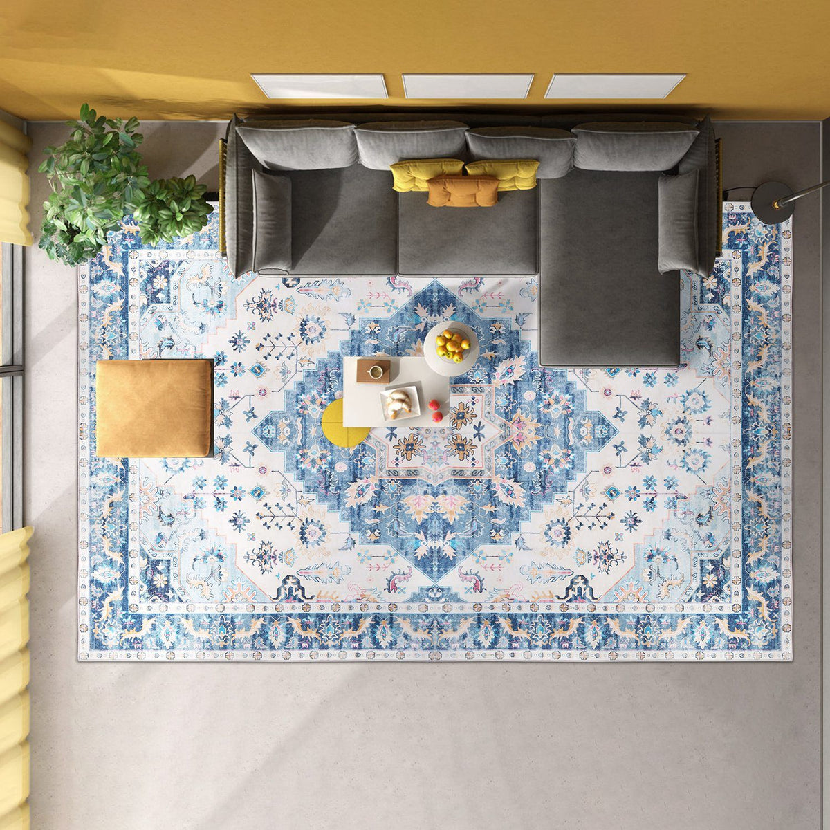 Vintage Area Rug Modern Non Slip Carpet Boho Low Pile Soft Rug Waterproof Machine Washable Rug for Living Room Bedroom Kitchen Dining Room Under Table