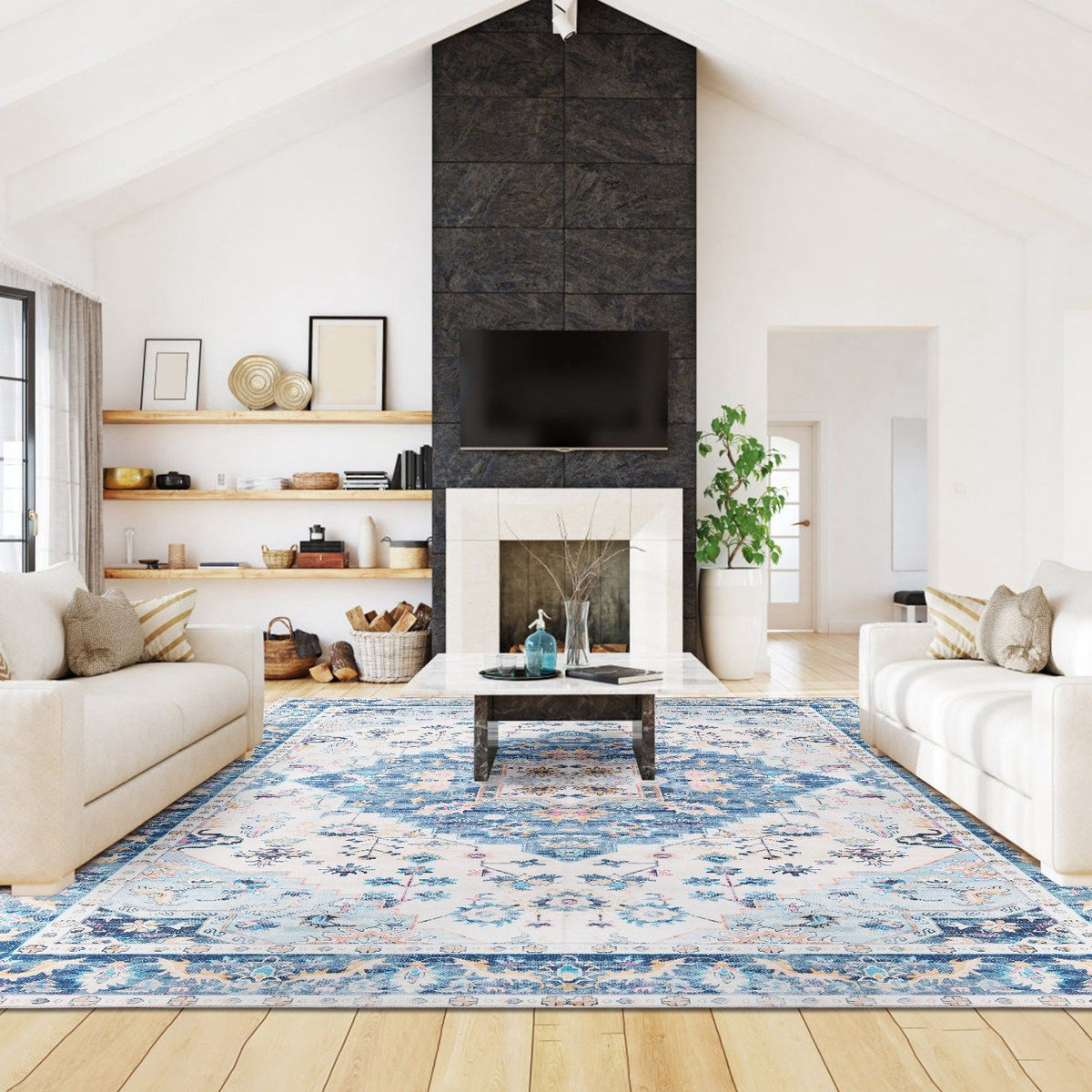 Vintage Area Rug Modern Non Slip Carpet Boho Low Pile Soft Rug Waterproof Machine Washable Rug for Living Room Bedroom Kitchen Dining Room Under Table