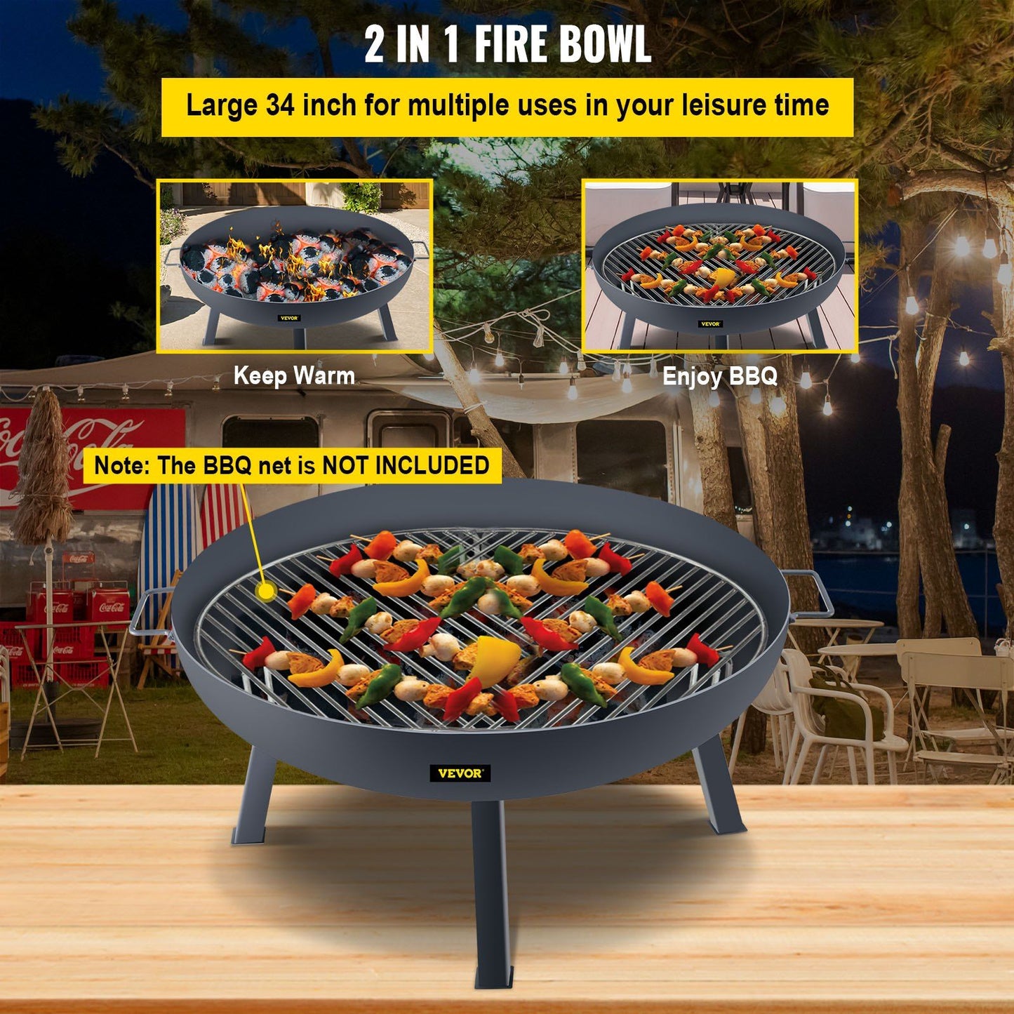 VEVOR Fire Pit Bowl, 34-Inch Diameter Round Carbon Steel Fire Bowl, Wood Burning for Outdoor Patios, Backyards & Camping Uses, with A Drain Hole, Portable Handles and A Firewood Stick, Black