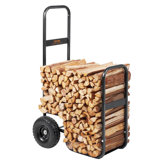 VEVOR Firewood Log Cart, 250 lbs Capacity, Outdoor and Indoor Wood Rack Storage Mover with PU Wheels & Waterproof Cloth, Heavy Duty Steel Dolly Hauler, Firewood Carrier for Fireplace, Fire Pit, Black