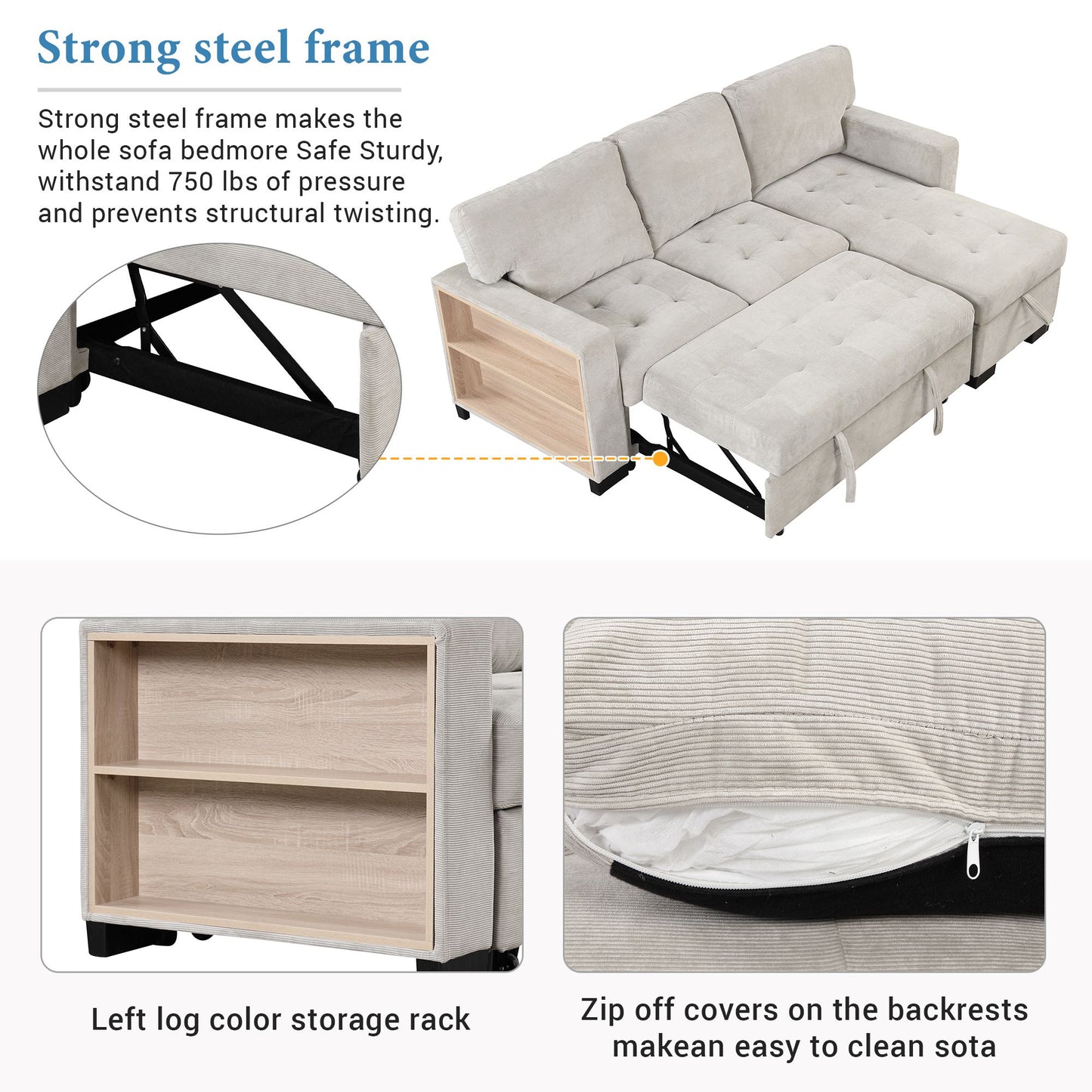 Stylish and Functional Light Chaise Lounge Sectional with Storage Rack Pull-out Bed Drop Down Table and USB Charger
