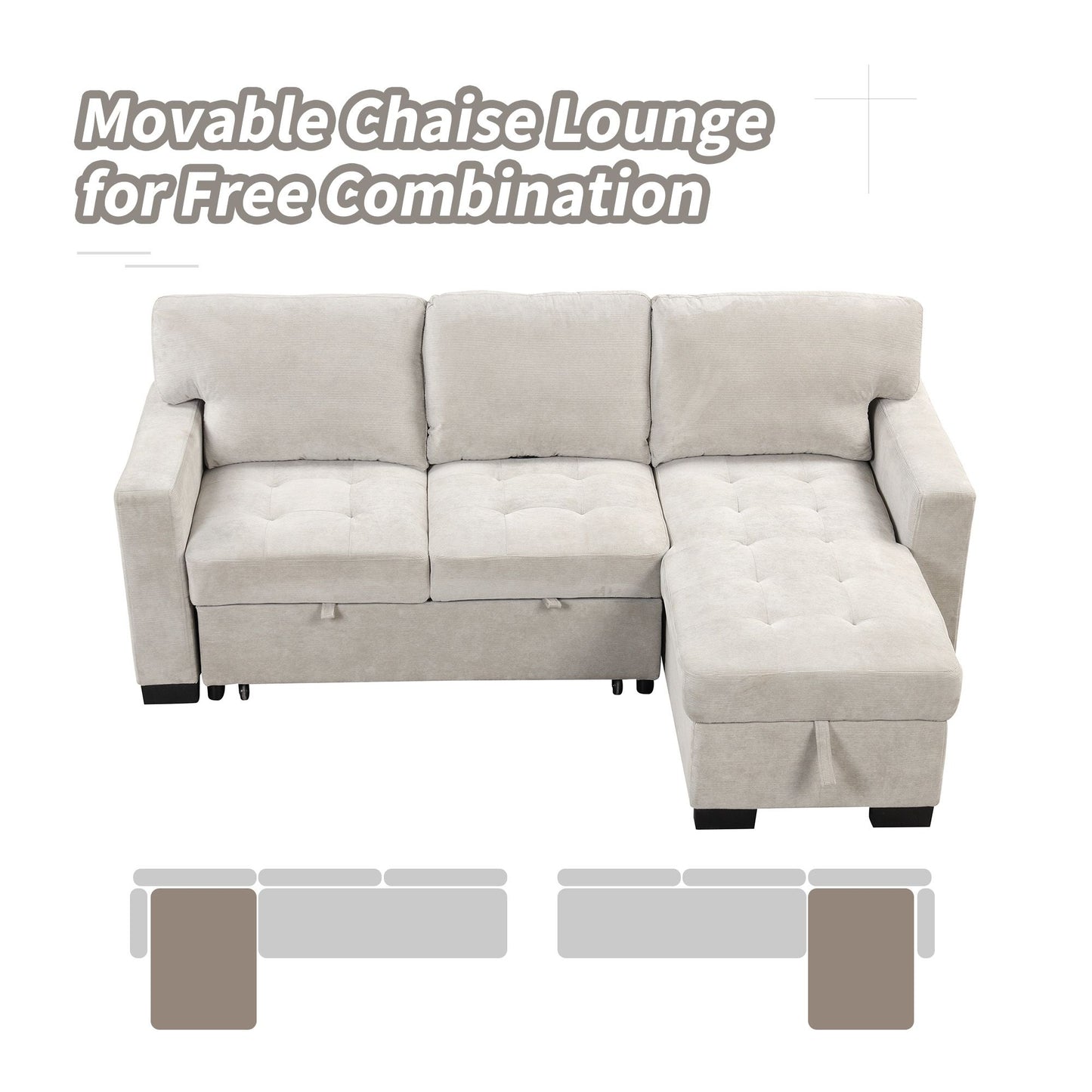 Stylish and Functional Light Chaise Lounge Sectional with Storage Rack Pull-out Bed Drop Down Table and USB Charger