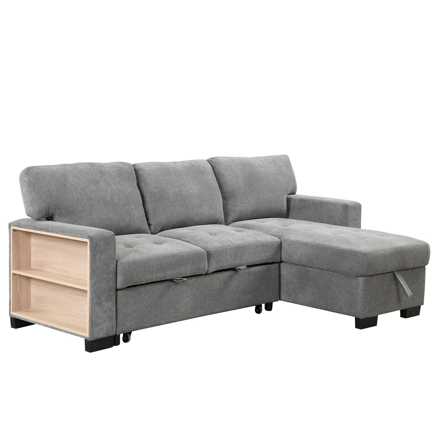 Stylish and Functional Light Chaise Lounge Sectional with Storage Rack Pull-out Bed Drop Down Table and USB Charger