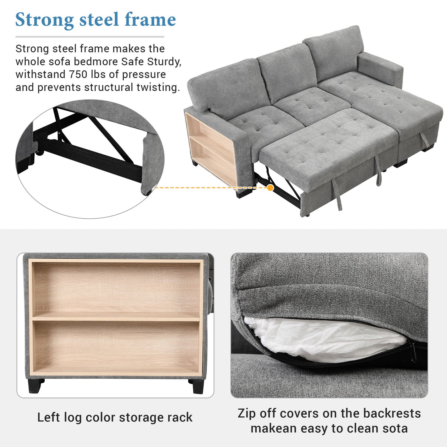 Stylish and Functional Light Chaise Lounge Sectional with Storage Rack Pull-out Bed Drop Down Table and USB Charger