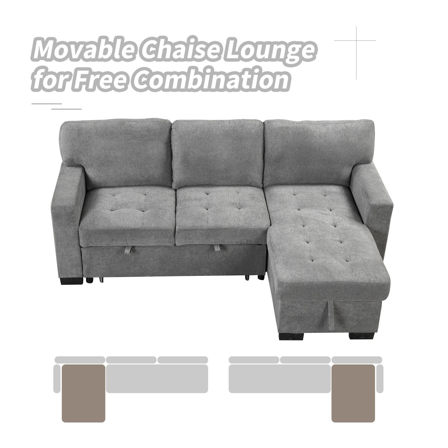 Stylish and Functional Light Chaise Lounge Sectional with Storage Rack Pull-out Bed Drop Down Table and USB Charger