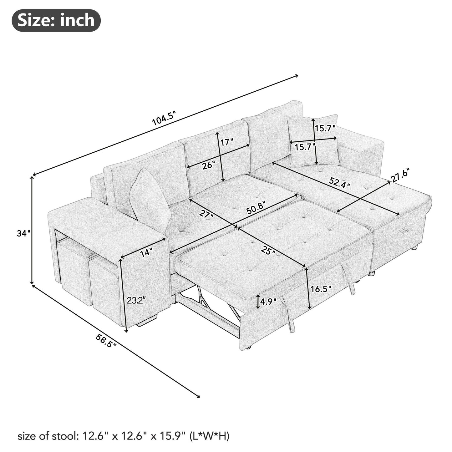 104.5" Pull Out Sleeper Sofa Reversible L-Shape 3 Seat Sectional Couch with Storage Chaise and 2 Stools for Living Room Furniture Set