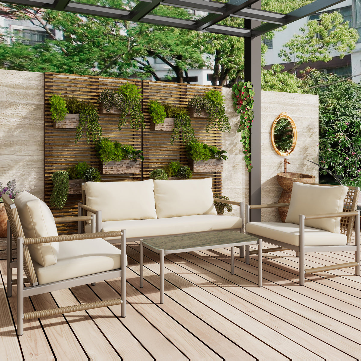 4 Pieces Patio Furniture Set, PE Rattan Wicker 4 Pcs Outdoor Sofa Set w/Washable Cushion and Tempered Glass Tabletop, Conversation Furniture for Garden Poolside Balcony