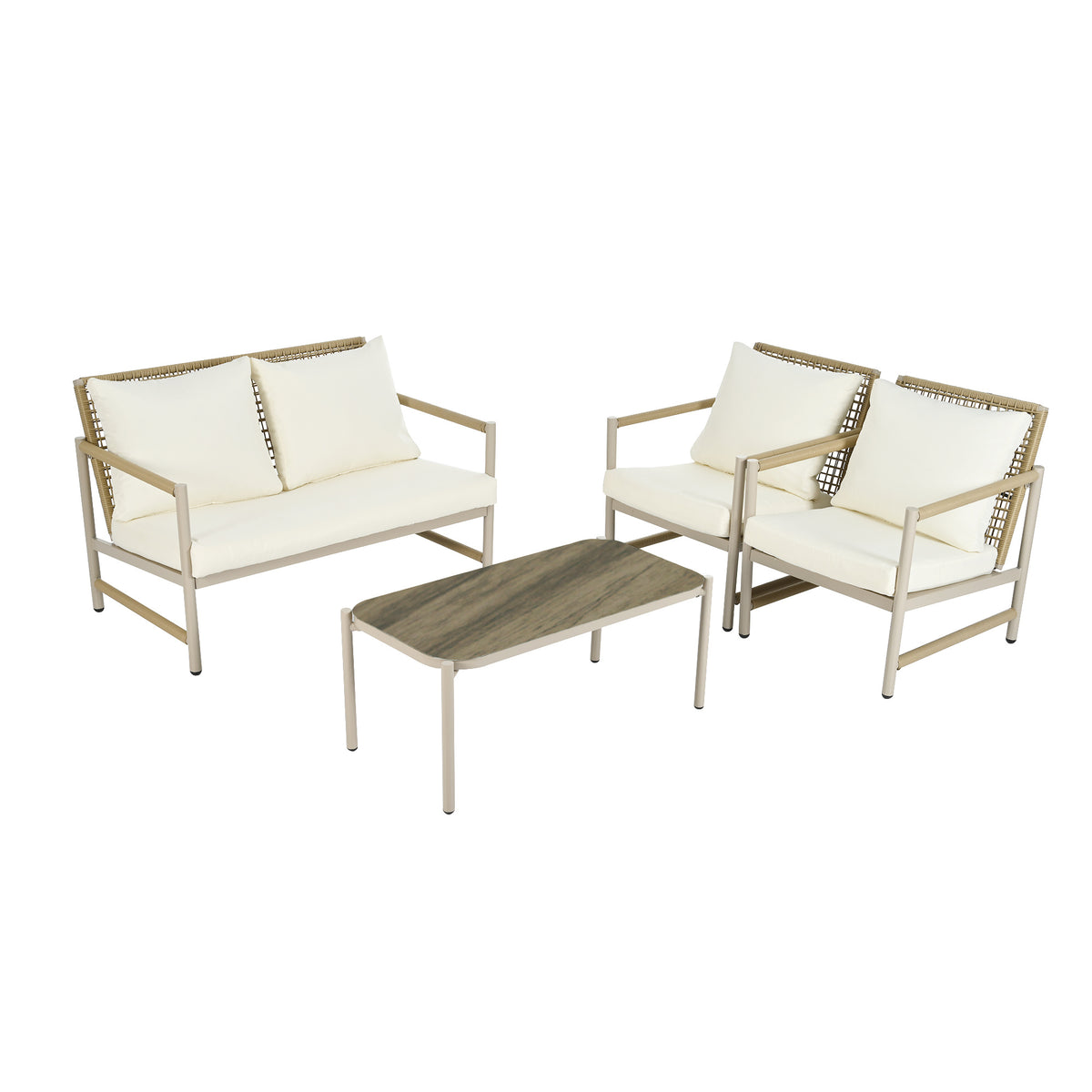 4 Pieces Patio Furniture Set, PE Rattan Wicker 4 Pcs Outdoor Sofa Set w/Washable Cushion and Tempered Glass Tabletop, Conversation Furniture for Garden Poolside Balcony