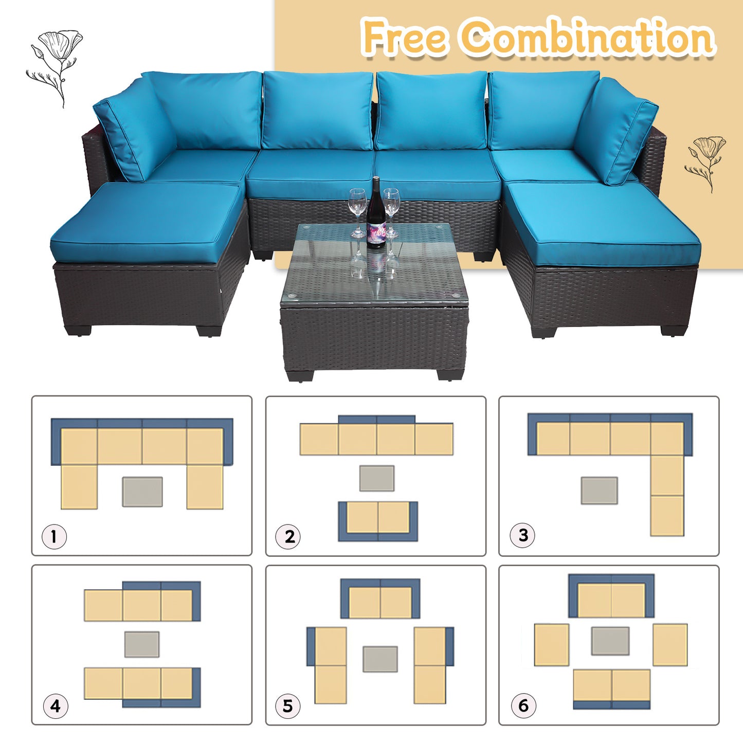 7 Pieces Outdoor Patio Sectional Sofa Couch, Silver Gray PE Wicker Furniture Conversation Sets with Washable Cushions & Glass Coffee Table for Garden, Poolside, Backyard