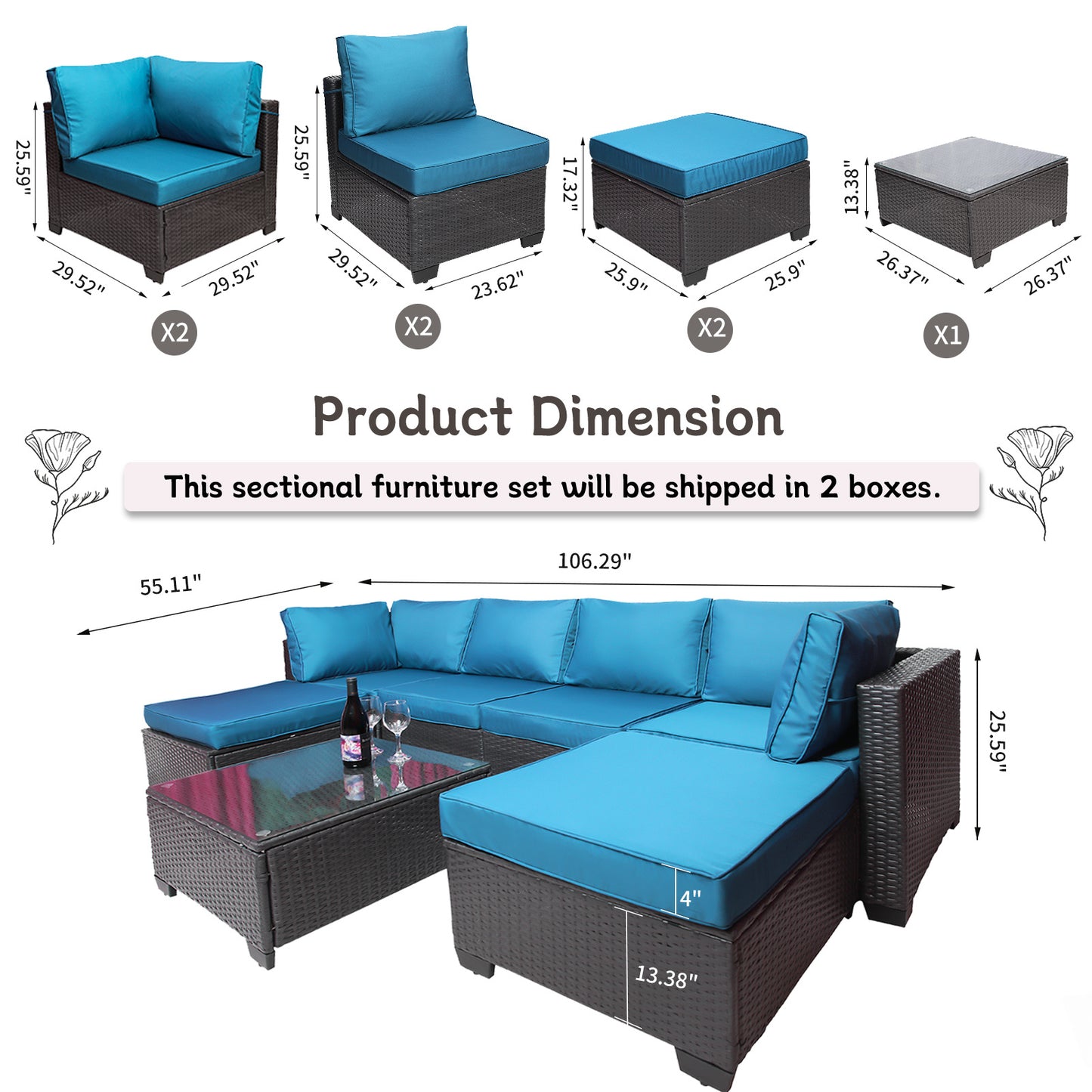 7 Pieces Outdoor Patio Sectional Sofa Couch, Silver Gray PE Wicker Furniture Conversation Sets with Washable Cushions & Glass Coffee Table for Garden, Poolside, Backyard