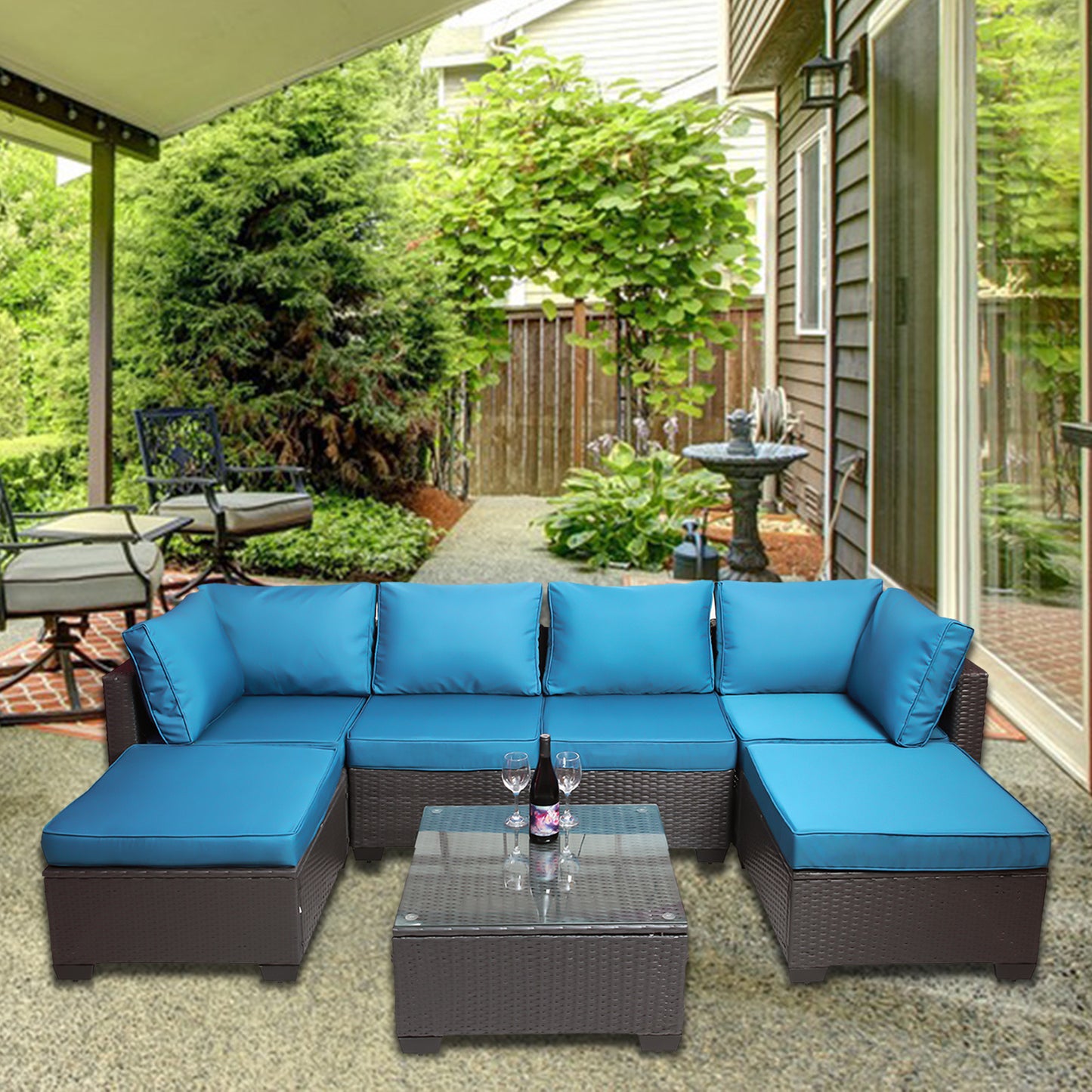 7 Pieces Outdoor Patio Sectional Sofa Couch, Silver Gray PE Wicker Furniture Conversation Sets with Washable Cushions & Glass Coffee Table for Garden, Poolside, Backyard