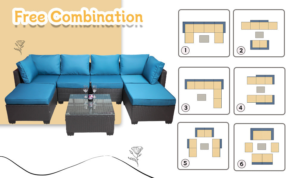 7 Pieces Outdoor Patio Sectional Sofa Couch, Silver Gray PE Wicker Furniture Conversation Sets with Washable Cushions & Glass Coffee Table for Garden, Poolside, Backyard