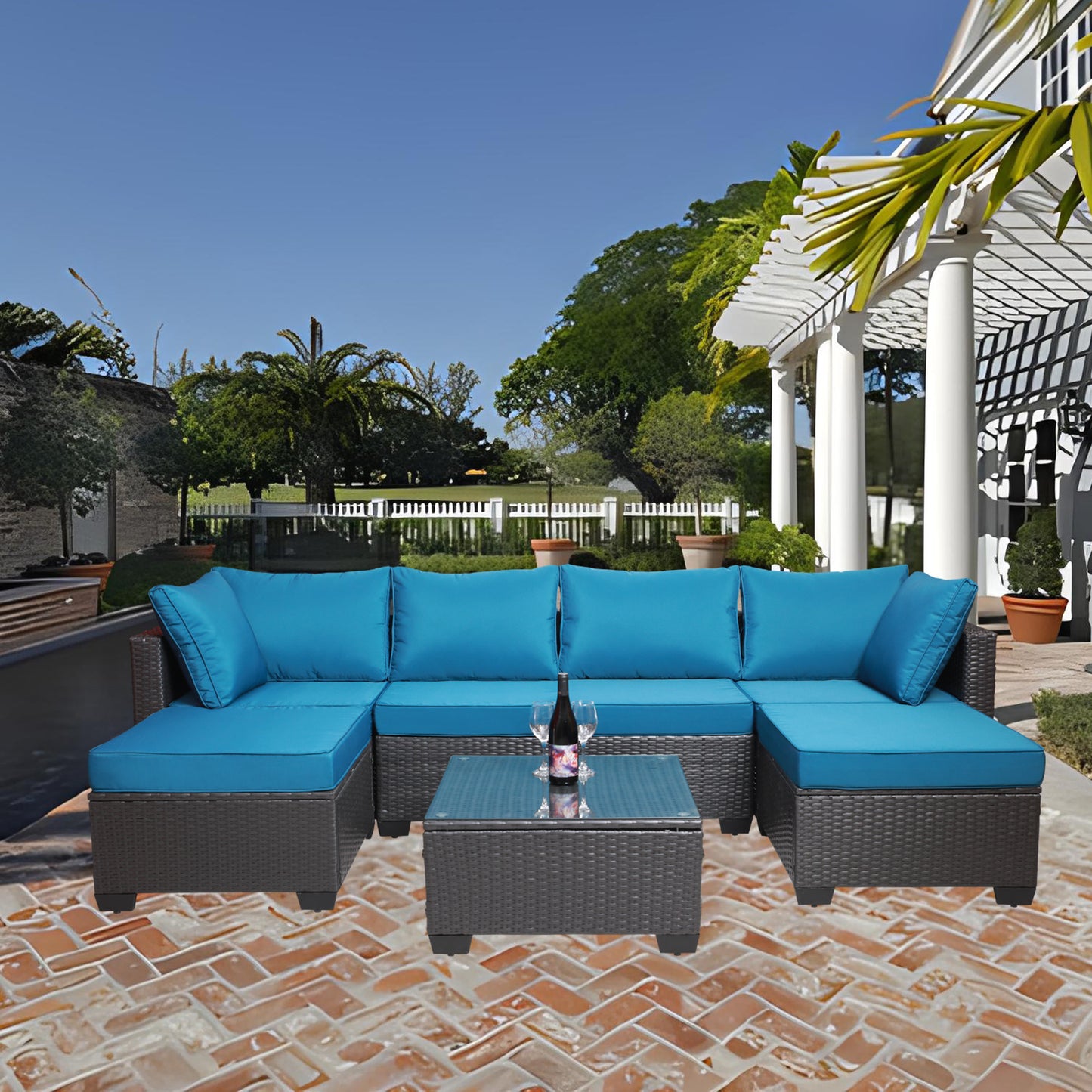 7 Pieces Outdoor Patio Sectional Sofa Couch, Silver Gray PE Wicker Furniture Conversation Sets with Washable Cushions & Glass Coffee Table for Garden, Poolside, Backyard