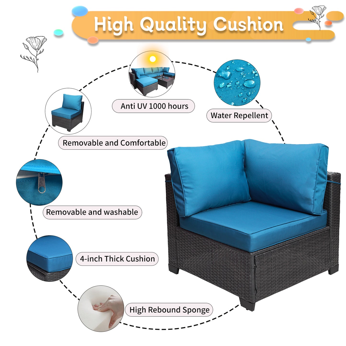 7 Pieces Outdoor Patio Sectional Sofa Couch, Silver Gray PE Wicker Furniture Conversation Sets with Washable Cushions & Glass Coffee Table for Garden, Poolside, Backyard