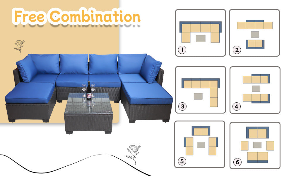 7 Pieces Outdoor Patio Sectional Sofa Couch, Silver Gray PE Wicker Furniture Conversation Sets with Washable Cushions & Glass Coffee Table for Garden, Poolside, Backyard