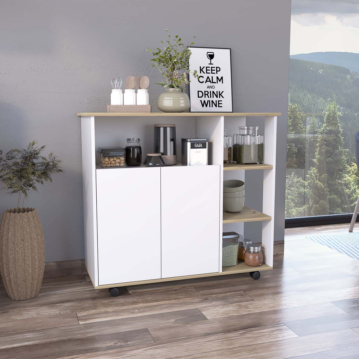 Serbia Kitchen Island, One Cabinet, Four Open Shelves