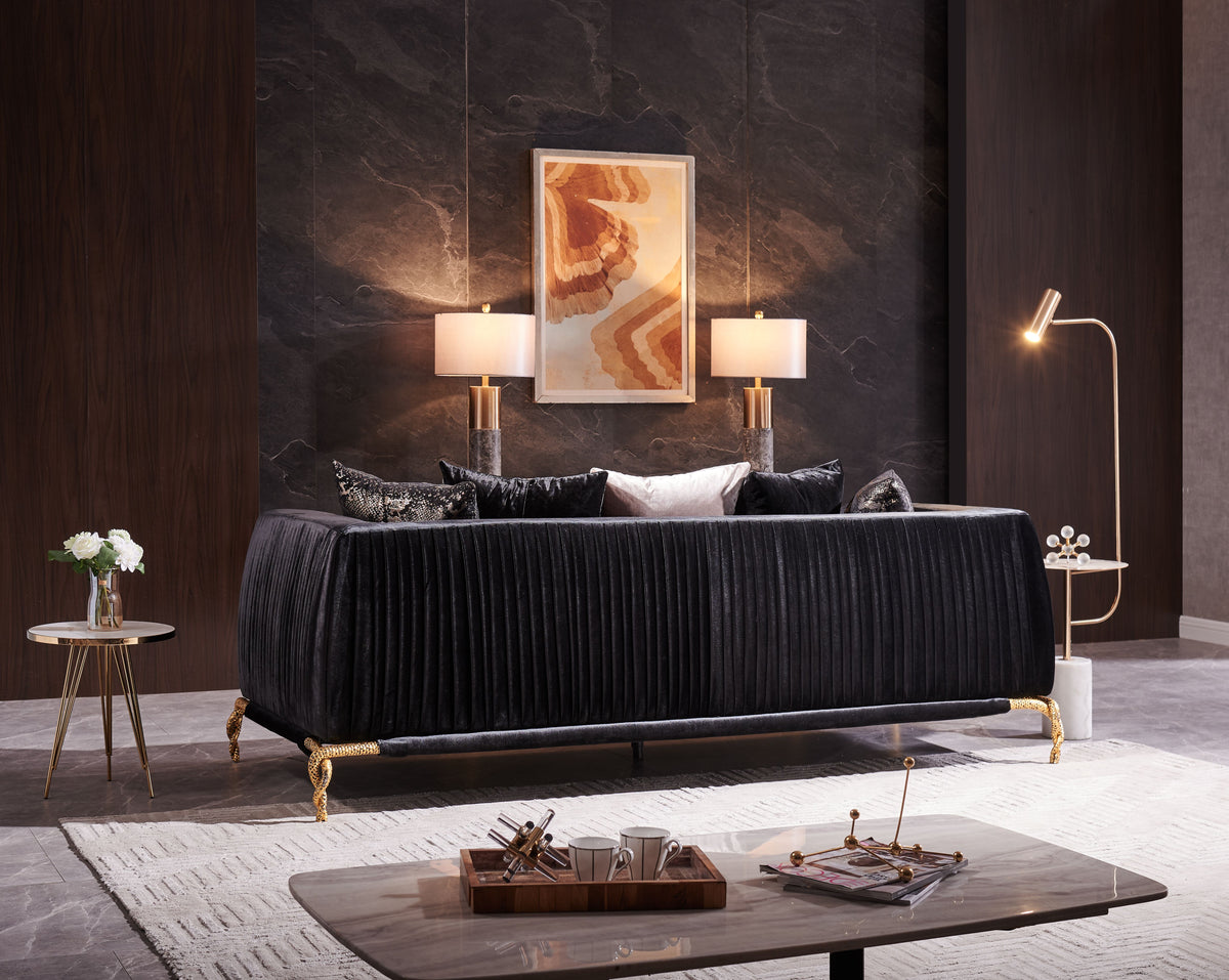 Shiny Thick Velvet Fabric Upholstered 2PC Living room set made with wood in Black