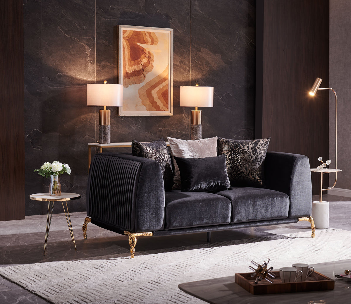 Shiny Thick Velvet Fabric Upholstered 2PC Living room set made with wood in Black