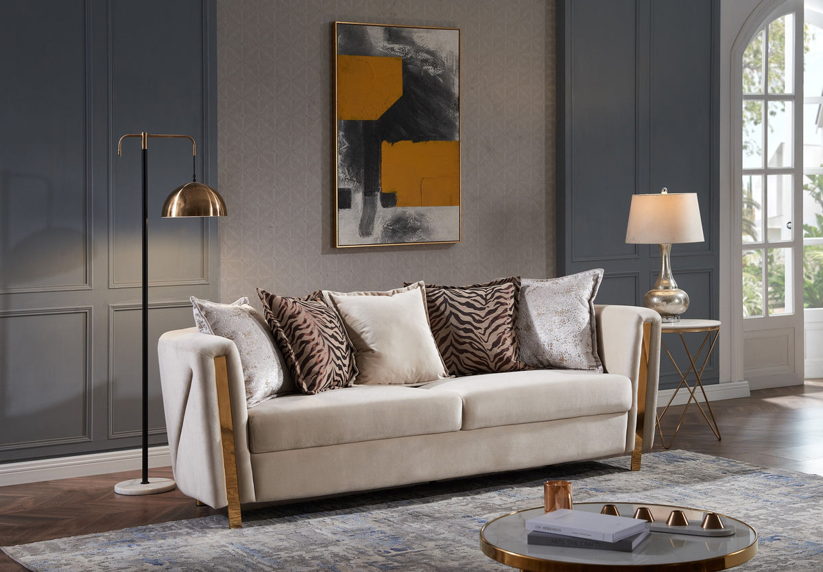 Thick Velvet Fabric Upholstered 2Pc Living Room Set Made With Wood in Beige