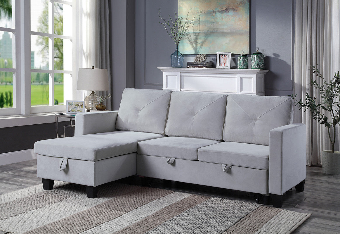 Nova 82.5" Light Gray Velvet Reversible Sleeper Sectional Sofa with Storage Chaise