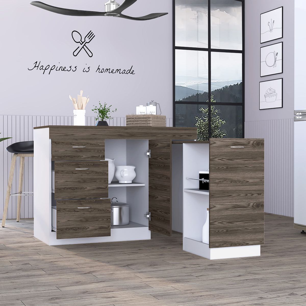 Laurel 3-Drawer L-Shaped Convertible Kitchen Island White and Dark Walnut