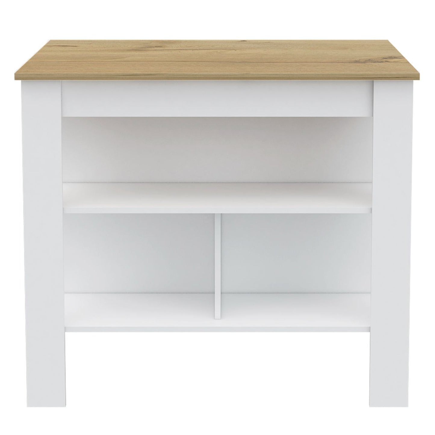 DEPOT E-SHOP Delos Kitchen Island, Four Legs, Three Shelves, White / Light Oak